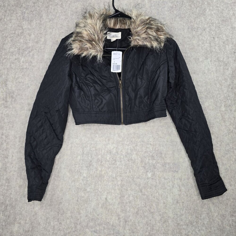 Forever 21 Women Quilted Cropped Jacket Black Faux Fur Hood Small Polyester Warm